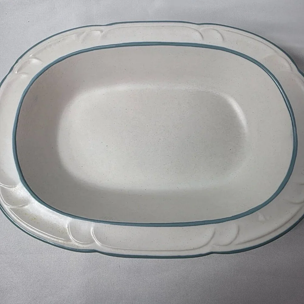 Country Ware Ashberry 10 Inch Oval Serving Bowl White with Blue Scalloped Edge